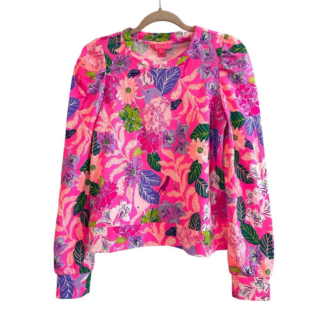 LILLY PULITZER Jansen Cotton Sweatshirt Pink Isle Best of Friends Elephants - XS